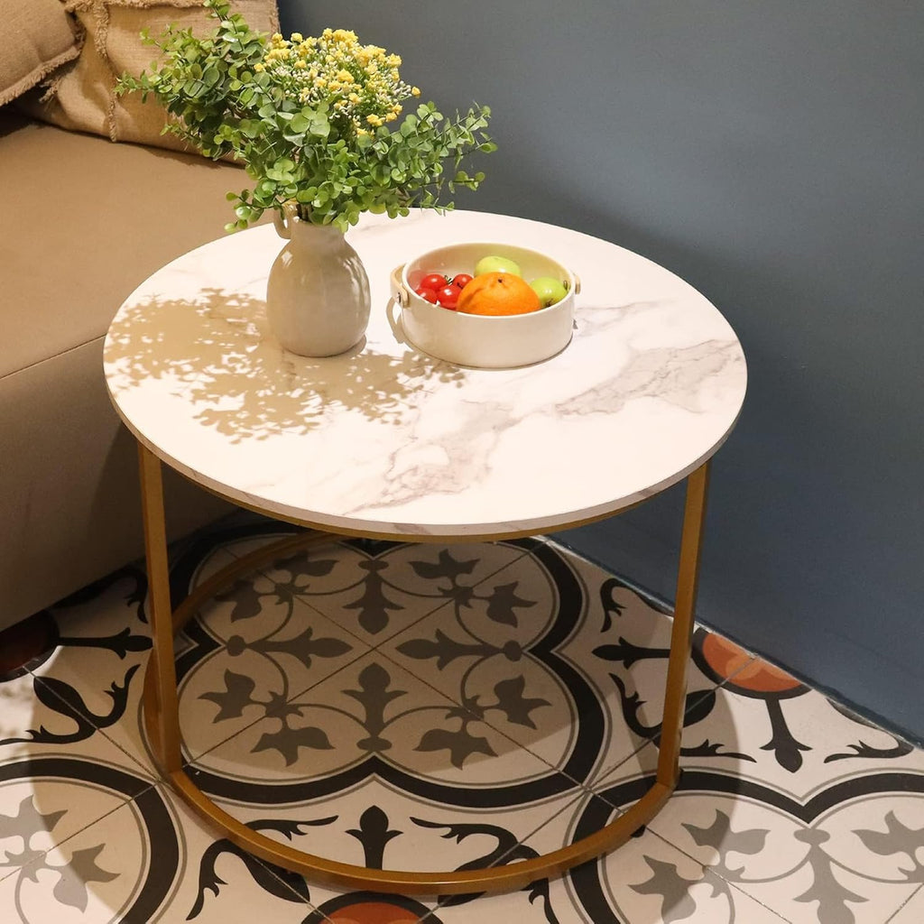 Aboxoo Coffee Table Nesting White Set Of 2 Side Set Golden Frame Circular Round And Marble Pattern Wooden Tables, Living Room Bedroom Apartment Modern Industrial Simple Nightstand