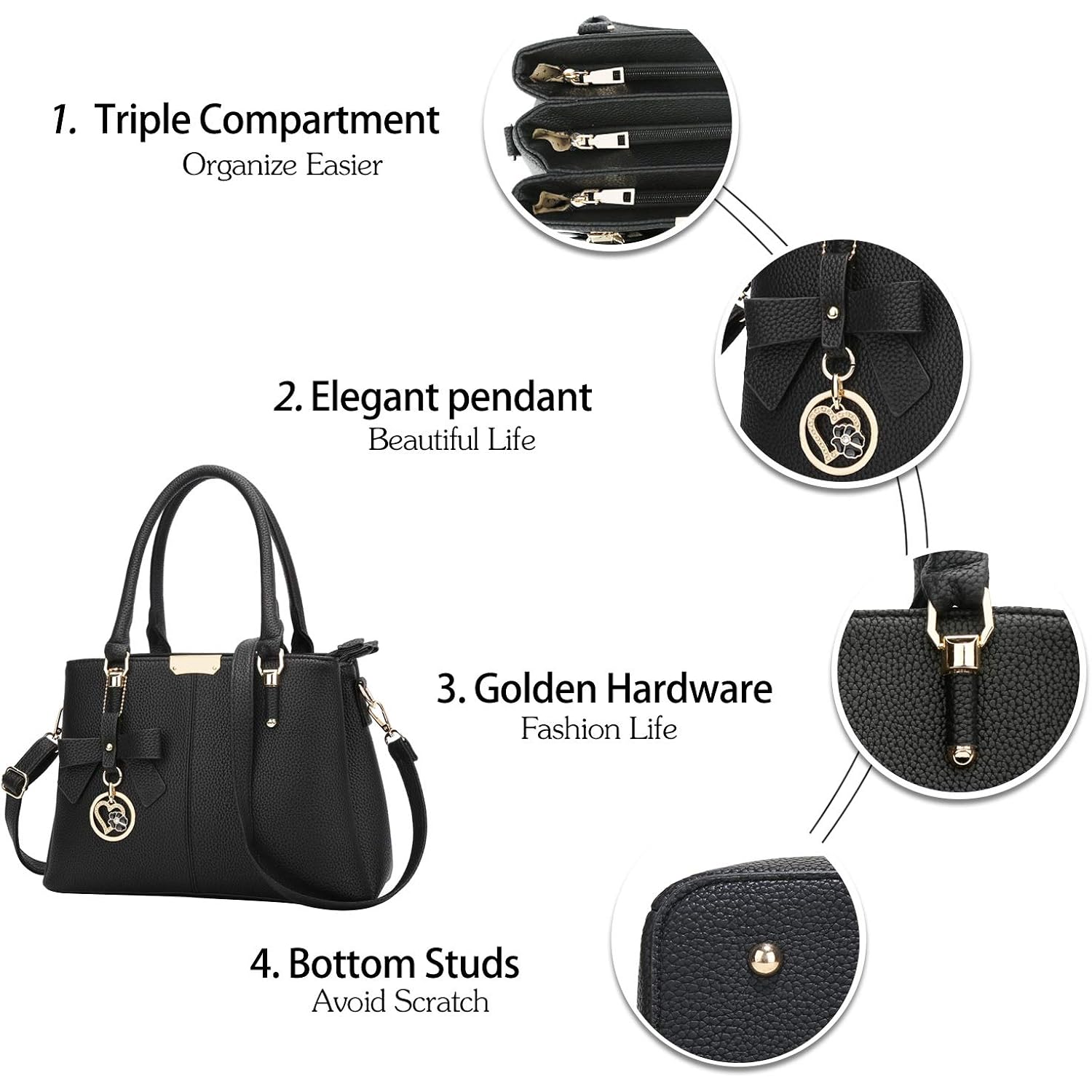 KKXIU 3 Zippered Compartments Purses and Handbags for Women Top Handle Satchel Shoulder Ladies Bags