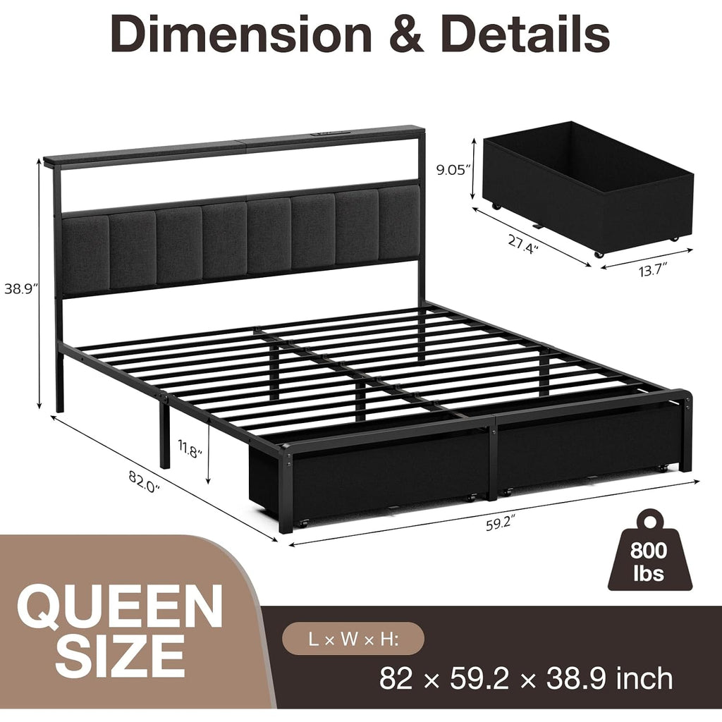 Queen Bed Frame With 2 Storage Drawers, Grey Upholstered