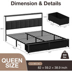 Queen Bed Frame With 2 Storage Drawers, Grey Upholstered