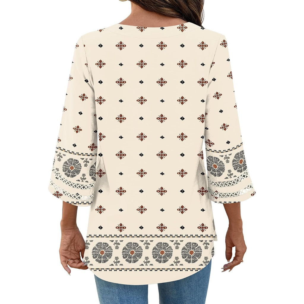 LOMON Womens 3/4 Sleeve V Neck Bohemian Blouses Casual Loose Fit Tunic Tops Vacation Clothes