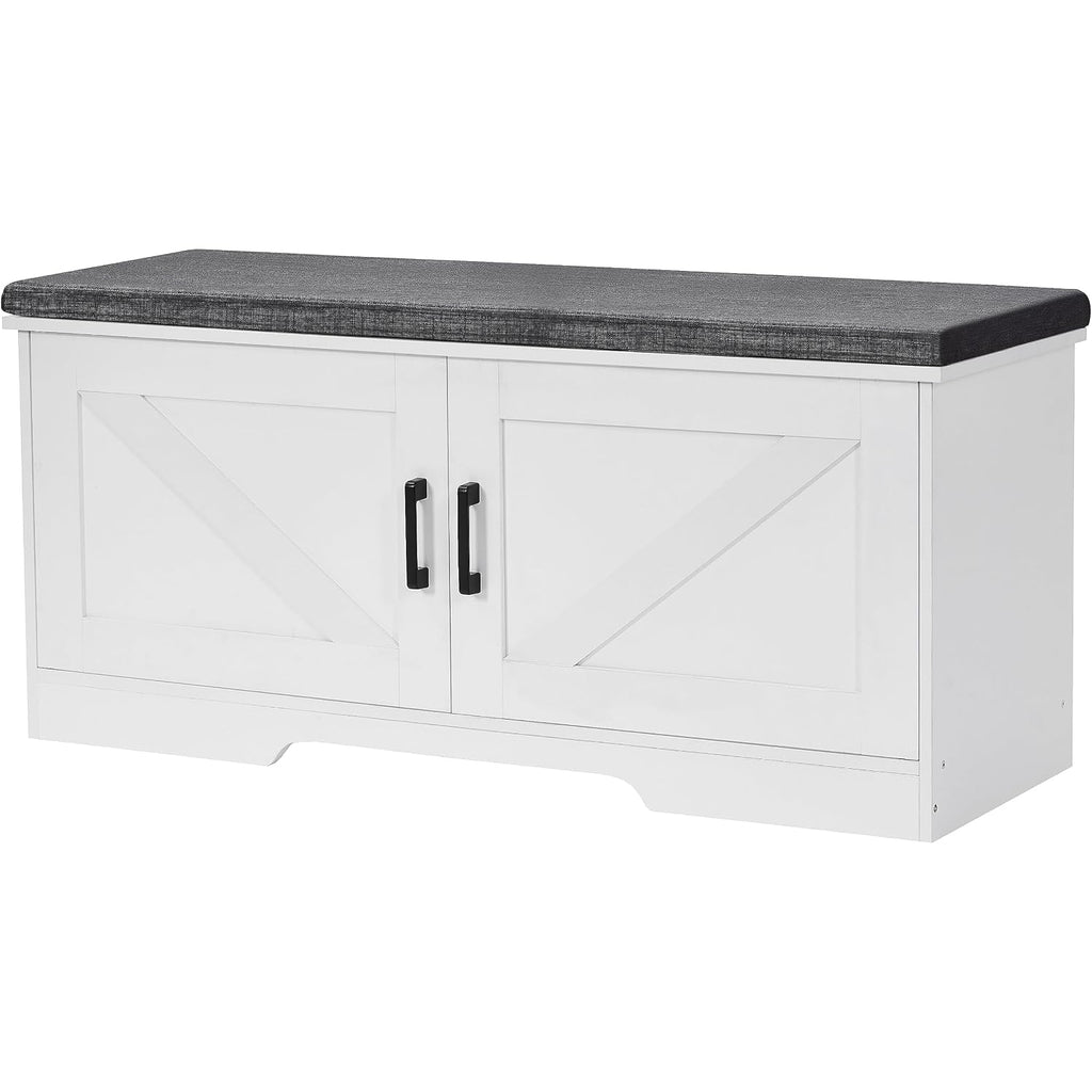 Homsho Farmhouse Shoe Storage Bench With 2 Barn Doors & Padded Seat Cushion | 39.4" Wide Entryway Bench With Adjustable Shelves & Hidden Storage, White