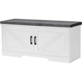 Homsho Farmhouse Shoe Storage Bench With 2 Barn Doors & Padded Seat Cushion | 39.4" Wide Entryway Bench With Adjustable Shelves & Hidden Storage, White