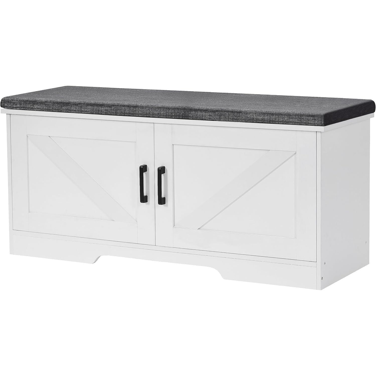 Homsho Farmhouse Shoe Storage Bench With 2 Barn Doors & Padded Seat Cushion | 39.4" Wide Entryway Bench With Adjustable Shelves & Hidden Storage, White