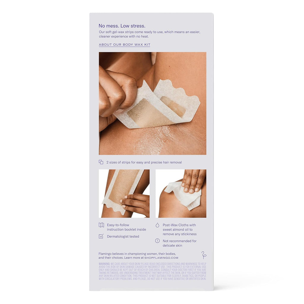 Flamingo Wax Strips for Body Hair Removal, Women's Body Wax Kit, Pack of 2- Contains 56 Body Wax Strips and 12 Post Wax Cloths