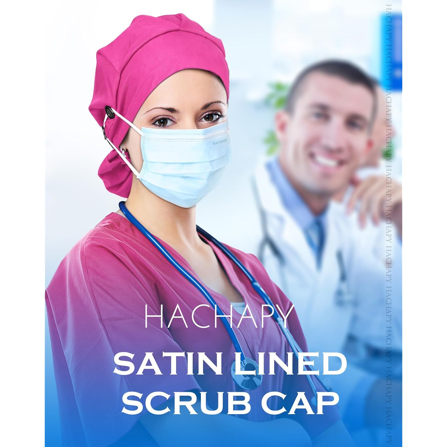 Satin Lined Scrub Cap For Women Ponytail Hair Surgical Nurse Cap 4 Buttons