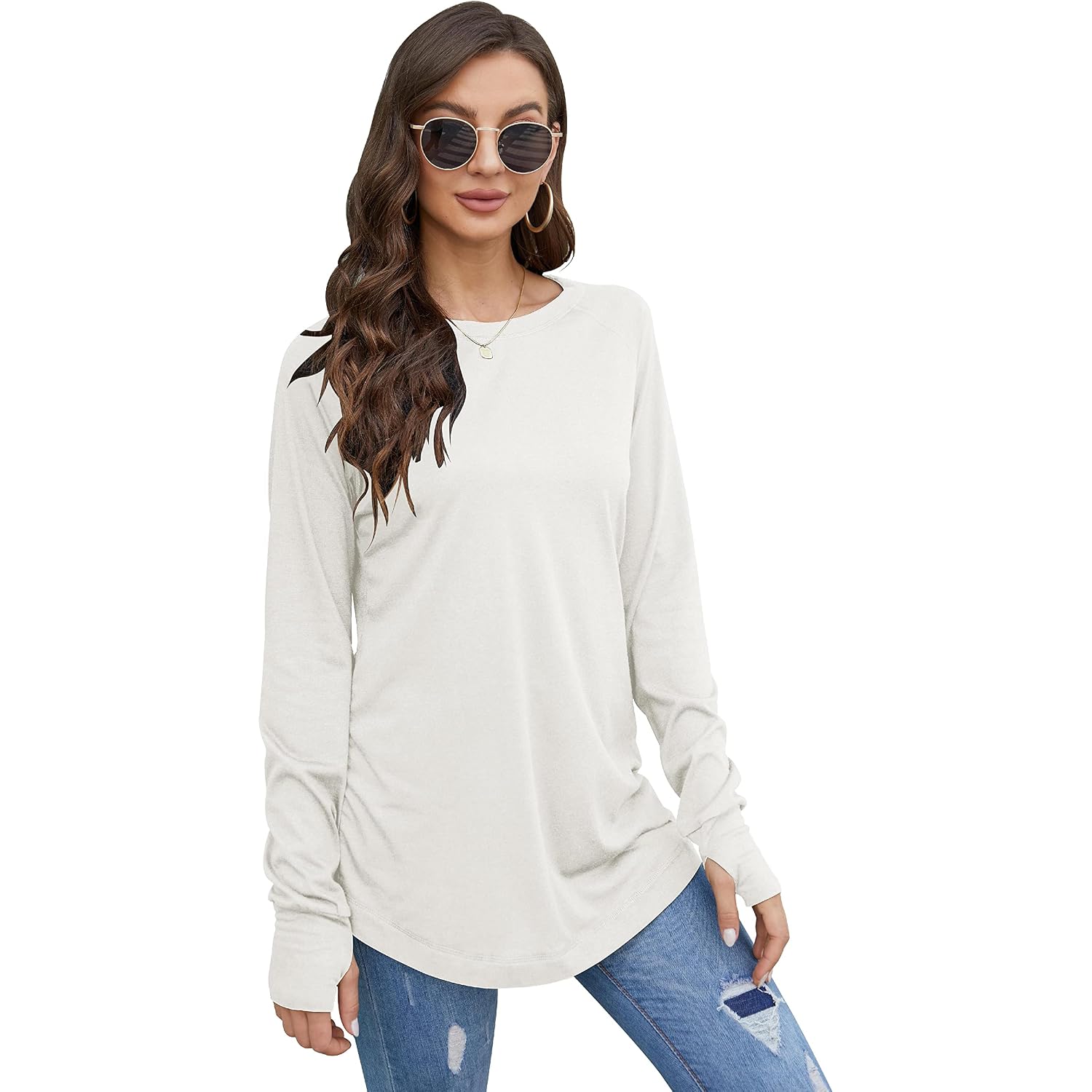 Fisoew Women's Casual Long Sleeve Tops Crew Neck Round Hem Loose T-Shirts Tunic Tops with Thumb Holes