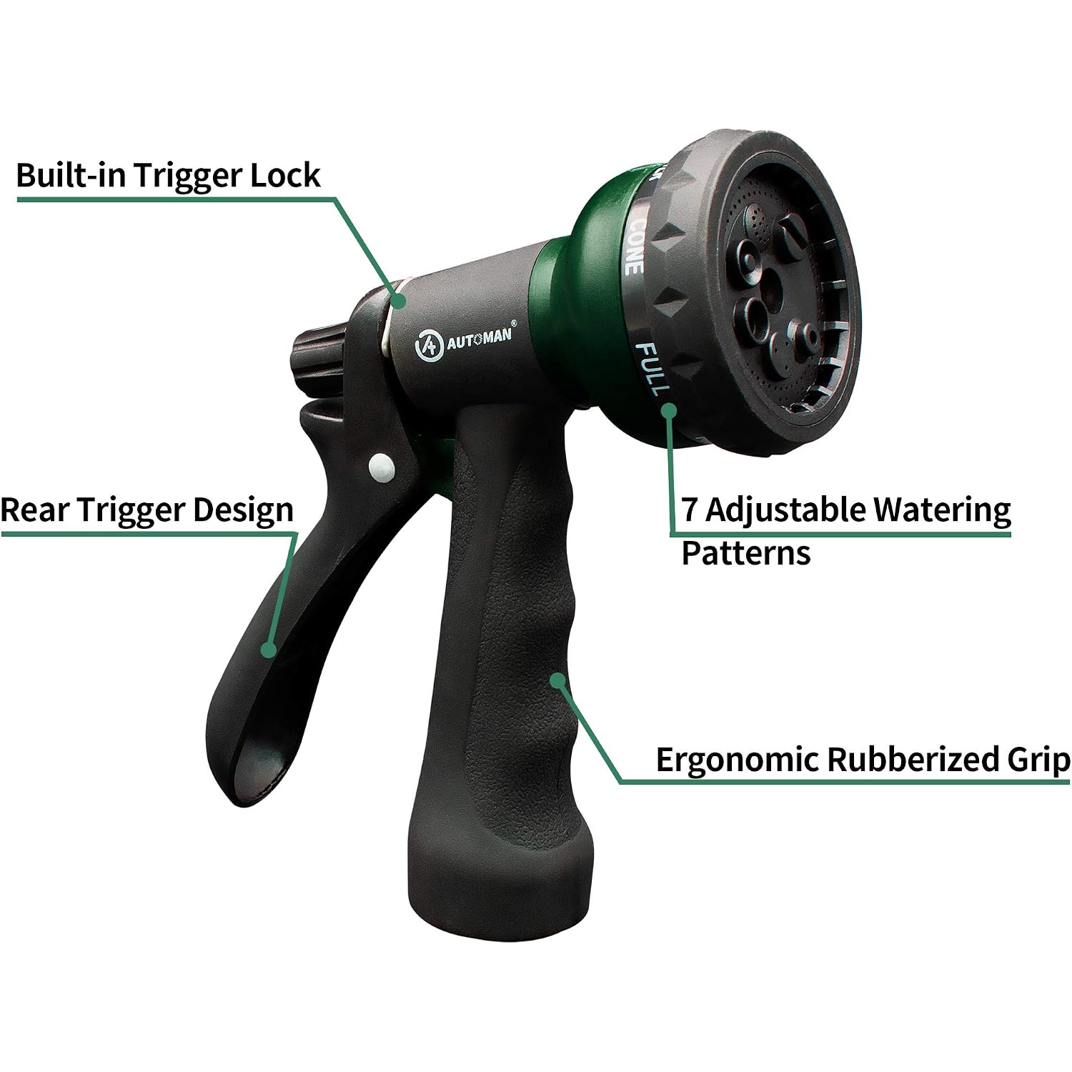 Automan-Garden-Hose-Nozzle, Abs Water Spray Nozzle With 7 Adjustable Watering Patterns, Slip Resistant For Watering Plants, Lawn& Garden, Washing Cars, Cleaning, Showering Pets & Outdoor Fun.