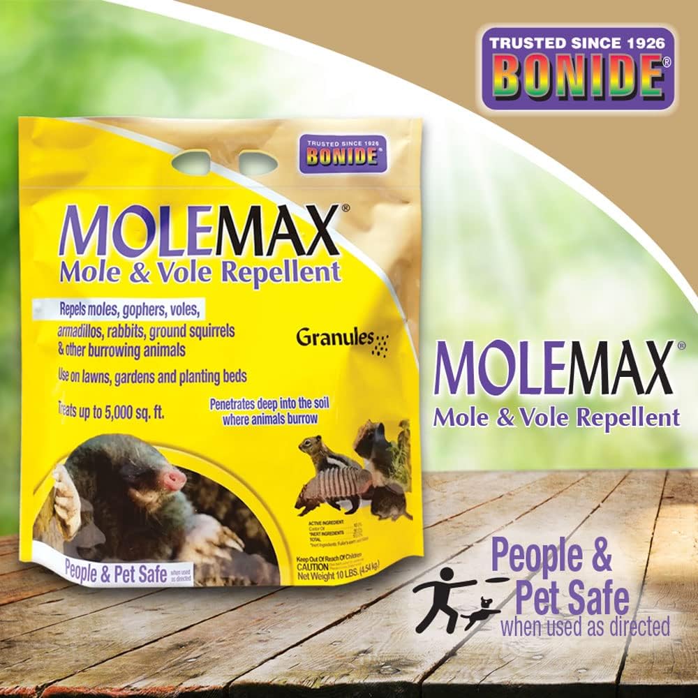 Bonide Molemax Mole & Vole Repellent Granules, 10 Lbs. Ready-To-Use, Outdoor Lawn & Garden Mole Control, People & Pet Safe | Ready-To-Use, Outdoor Lawn & Garden Mole Control, People & Pet Safe