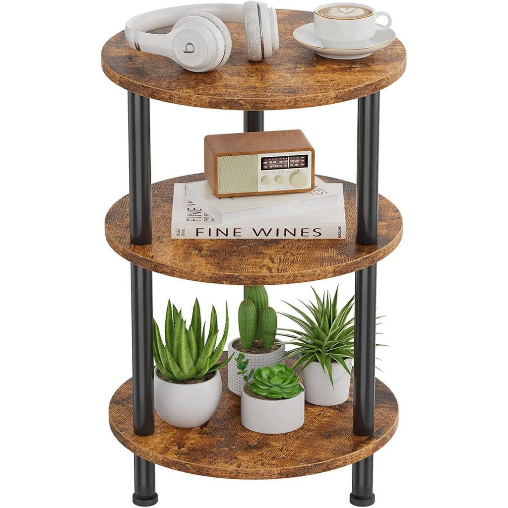 Simple Trending Side Table Living Room, Small Round End Table, 3 Tiers Accent Table For Small Spaces, Rustic Brown