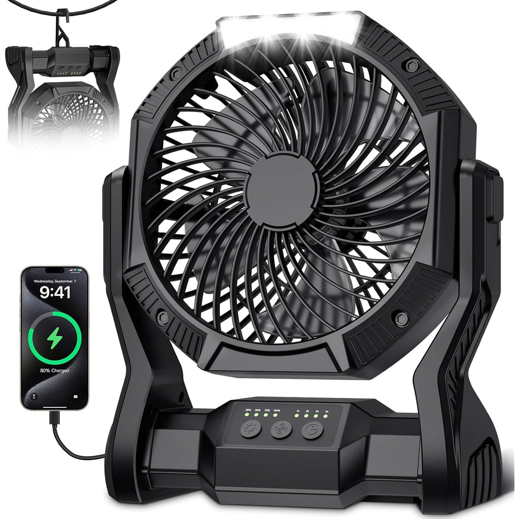 Portable Rechargeable Fan, 20000Mah Battery Powered Camping Fan With Led Light & Hook, 270° Adjustable, 4-Speed, 4H Timer Camping Essentials For Outdoor Tent Travel Bbq Car, Gifts For Men Dad