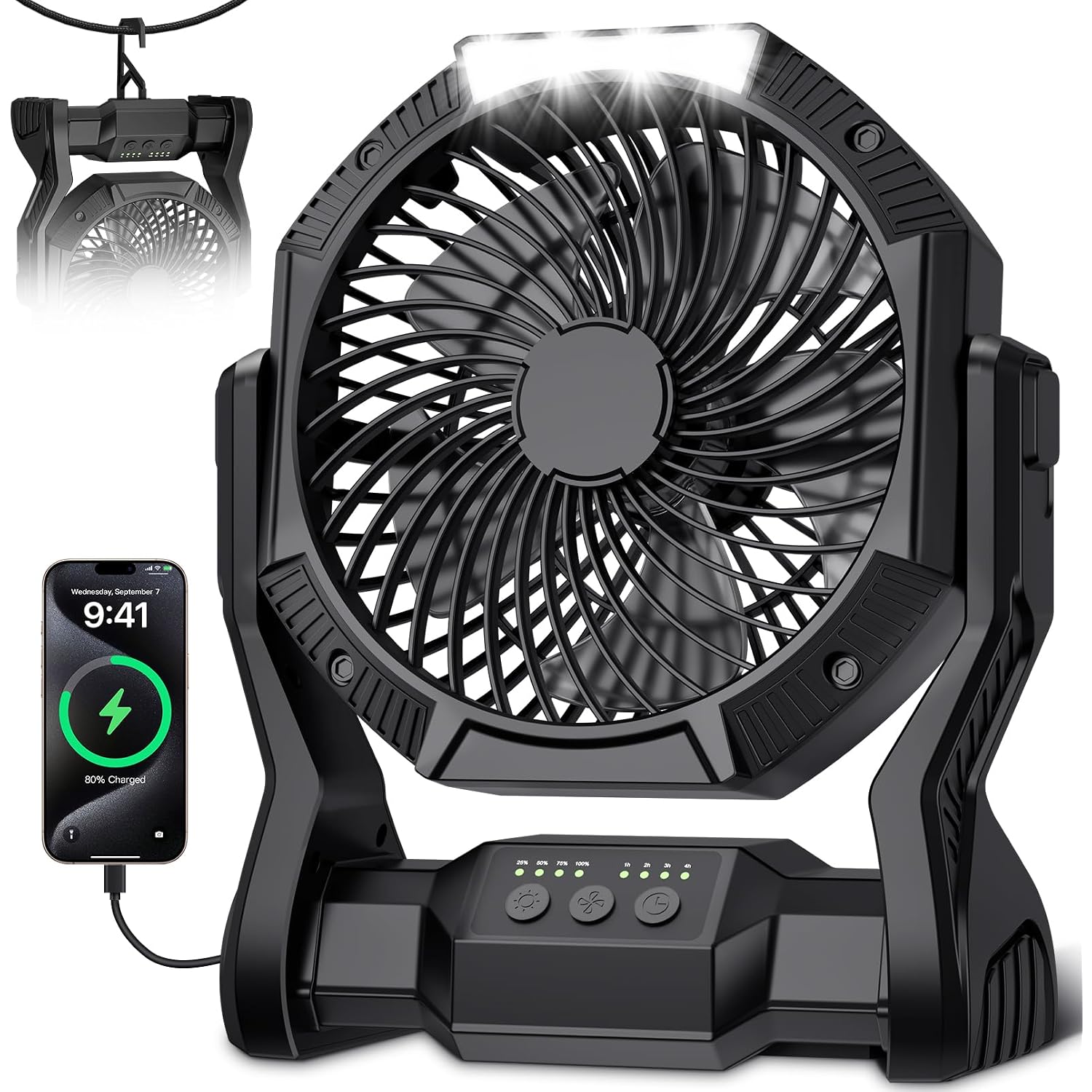Portable Rechargeable Fan, 20000Mah Battery Powered Camping Fan With Led Light & Hook, 270° Adjustable, 4-Speed, 4H Timer Camping Essentials For Outdoor Tent Travel Bbq Car, Gifts For Men Dad
