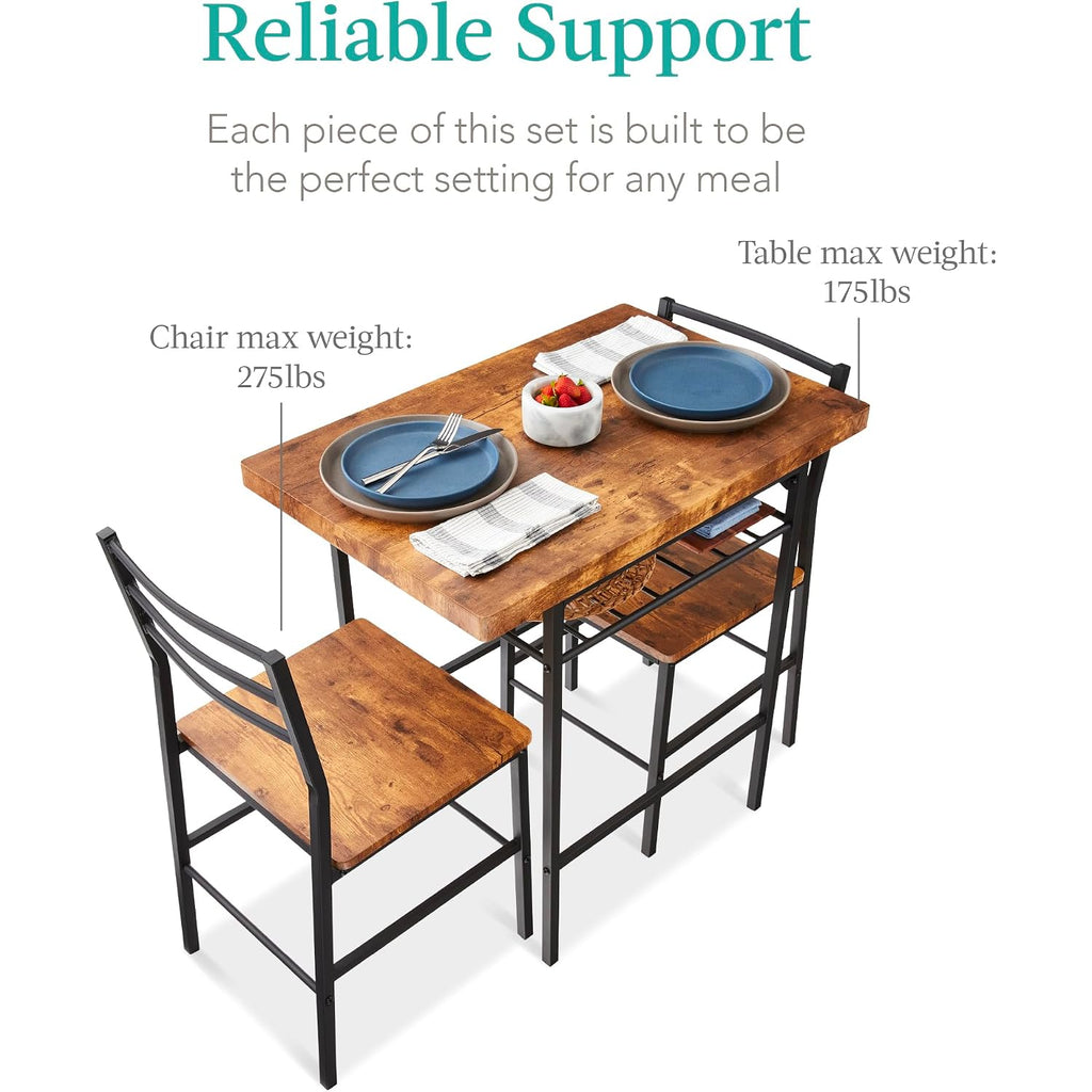 Best Choice Products 3-Piece Modern Dining Set, Space Saving Dinette For Kitchen, Dining Room, Small Space W/Steel Frame, Built-In Storage Rack - Medium Brown/Black
