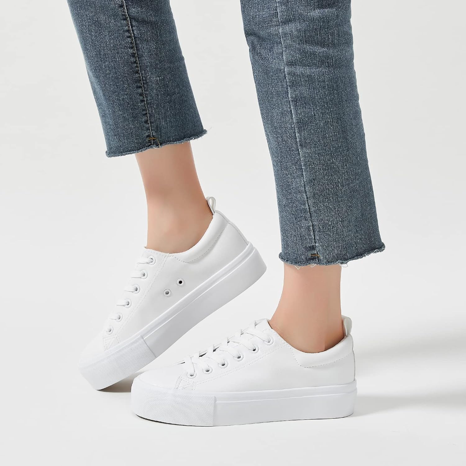 Sernial Womens White Platform Sneakers Pu Leather Platform Shoes Walking Shoes For Women