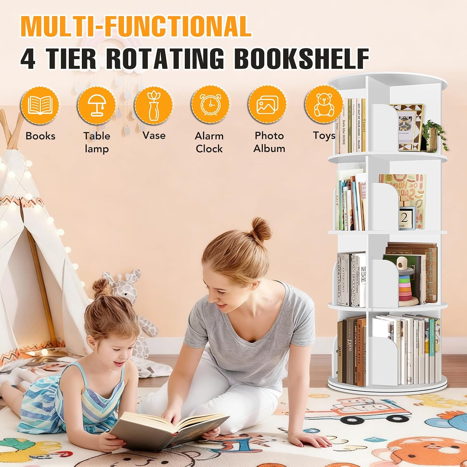 4 Tier Rotating Bookshelf Tower, Spinning Bookshelf, Revolving 360° Bookcase Storage Round Carousel, Vertical Rotate Turning Spiral Corner Organizer Lazy Susan, White