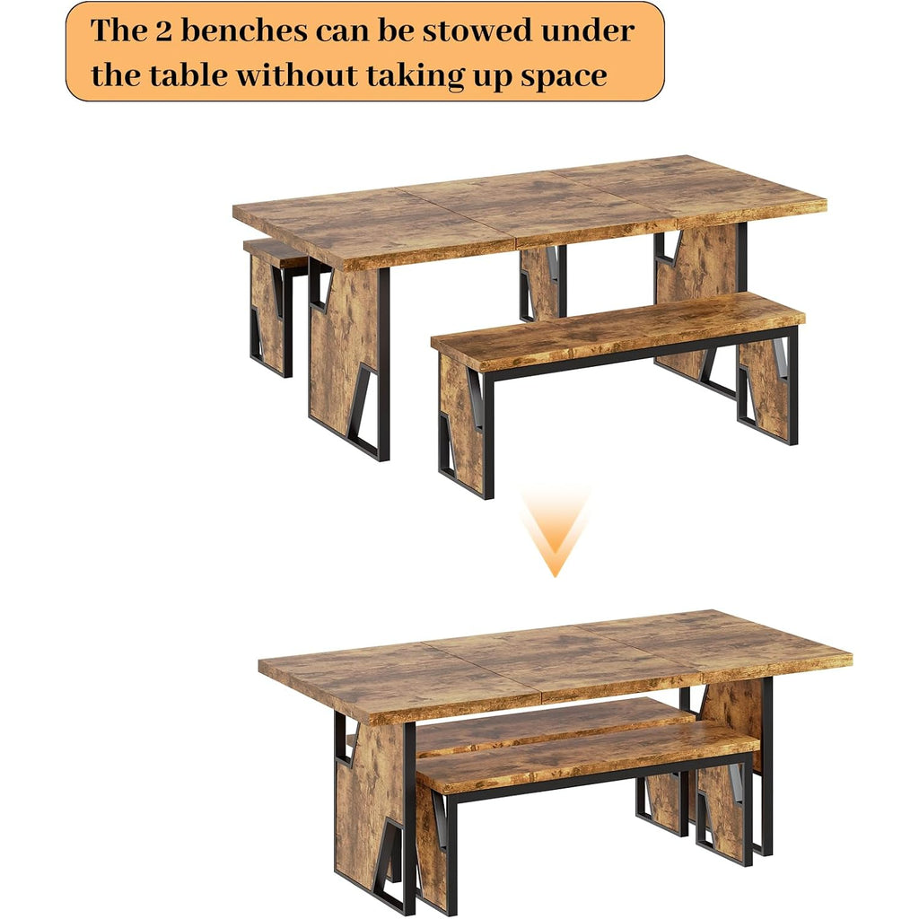 70.8" Wooden Dining Table With 2 Benches, Modern Kitchen Table And Chairs Set For 4-6 Person, Thickened Mdf Wooden Table With Dining Bench For Living Dining Room, Kitchen, Office