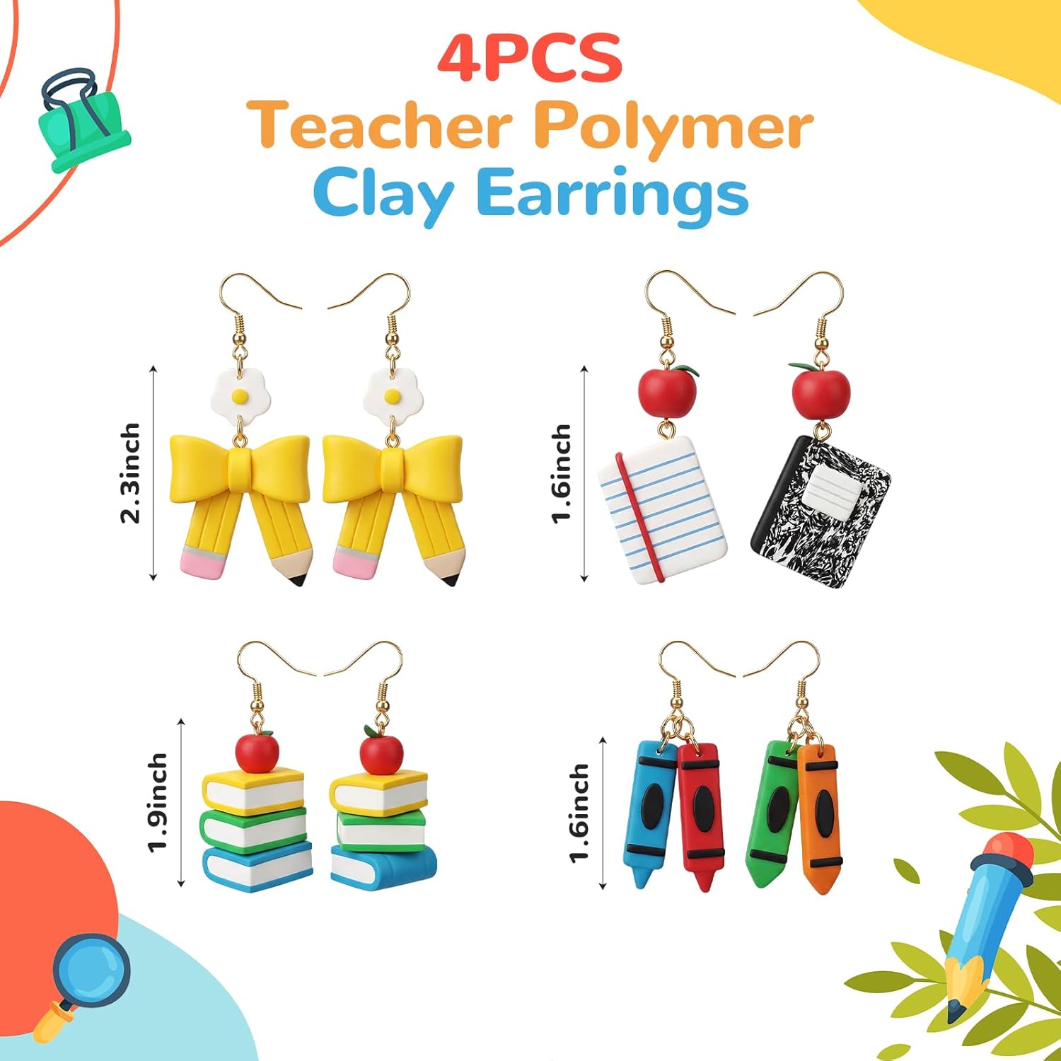 4 Pairs Teacher Earrings for Women Cute Polymer Clay Teacher Day Studs Earrings Gifts Pencil Crayon Composition Notebook Book Jewelry for Graduation Appreciation End of Year Accessories
