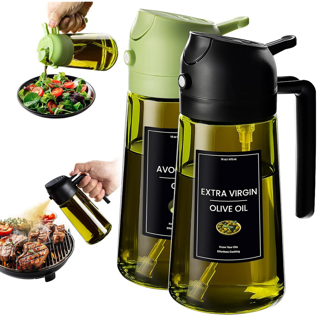 16Oz/470Ml Olive Oil Dispenser For Kitchen With Stickers - 2 In 1 Olive Oil Sprayer For Cooking, Air Fryer, And Salad, Black&Green (Light-Proof Kitchen Gadget)