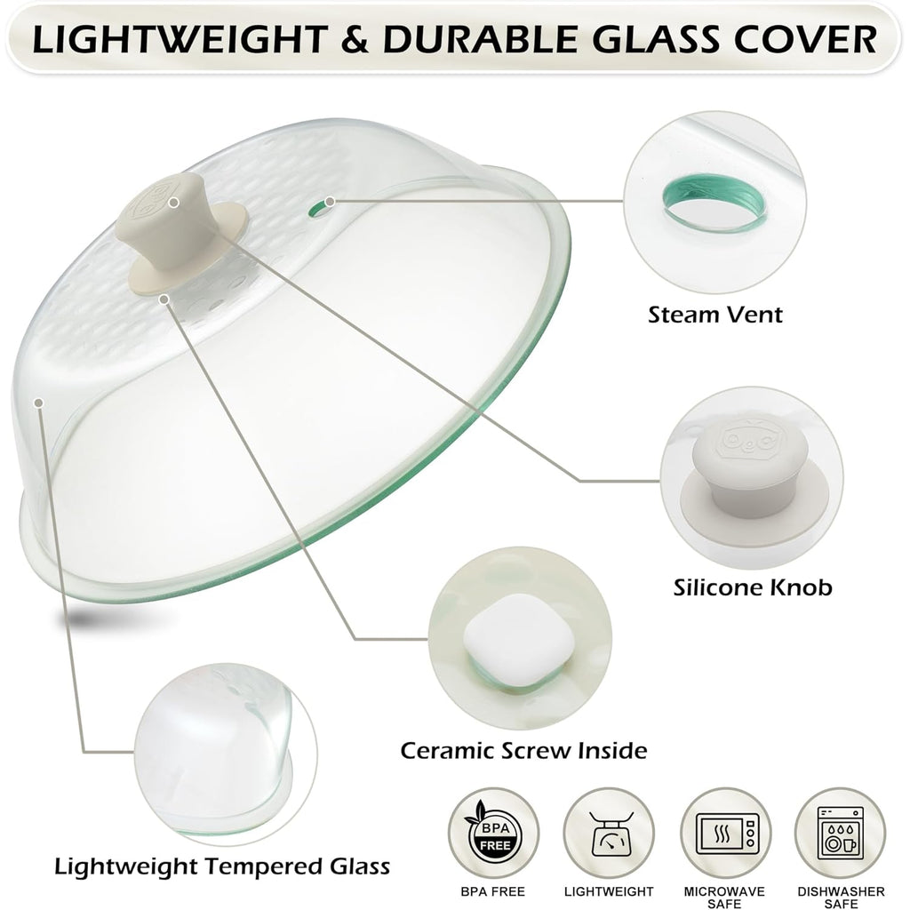 OEC Lighter Weight Tempered Glass Microwave Splatter Cover - 11.5 inch (Inner Diameter 10.6”) - Heat-Resistant -Durable Glass Lid with Vent, Silicone Knob, Dishwasher Safe, 100% Food Grade - BPA Free