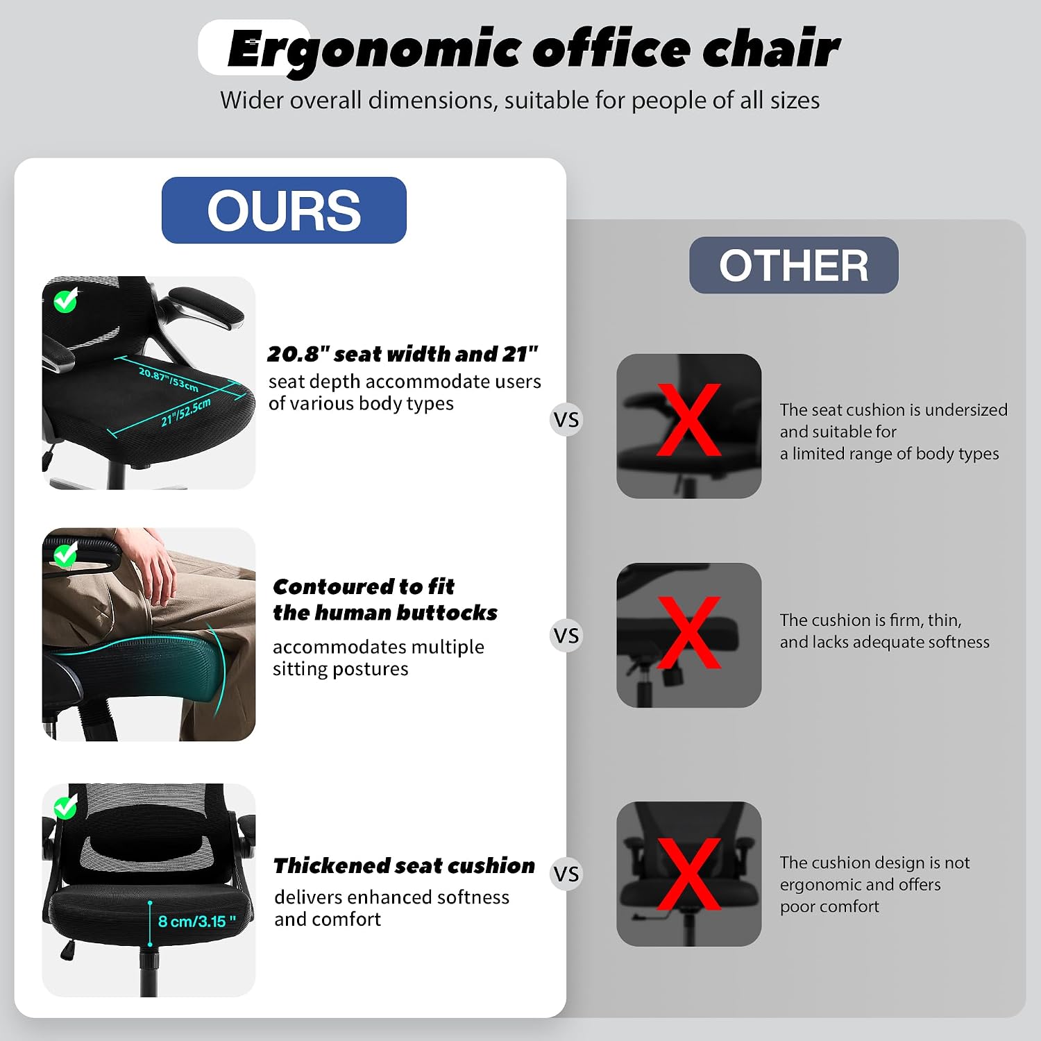 Fizzin Ergonomic Office Chair, 400 Lbs Computer Chairs With Adjustable Lumbar Support, Breathable Mesh Desk Chair Ergonomic With Thickened Cushion, Comfy Home Office Desk Chair (Black)