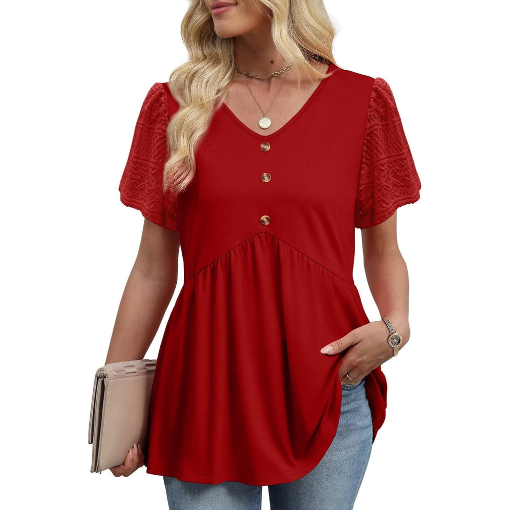 Ofeefan Womens Summer Tops Babydoll Short Sleeve Shirts Button Down Lace Sleeve Peplum Tunic Tops V Neck T Shirts