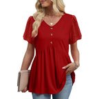 Ofeefan Womens Summer Tops Babydoll Short Sleeve Shirts Button Down Lace Sleeve Peplum Tunic Tops V Neck T Shirts