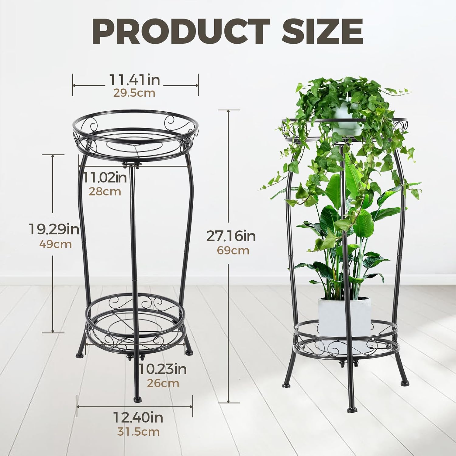 Kavlium Plant Stand Indoor Outdoor, Tall Black Metal, 2 Tier 27.1 Inch | Rustproof Metal, Stable 3-Leg Base, Heavy Duty 100 Lb Capacity, Multiple Plant Rack Holder, Indoor Outdoor Decor