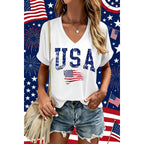 USA Flag V-Neck Shirt Women Star and Stripes Graphic Tops Red White and Blue Short Sleeve Tee Summer Patriotic T-Shirt