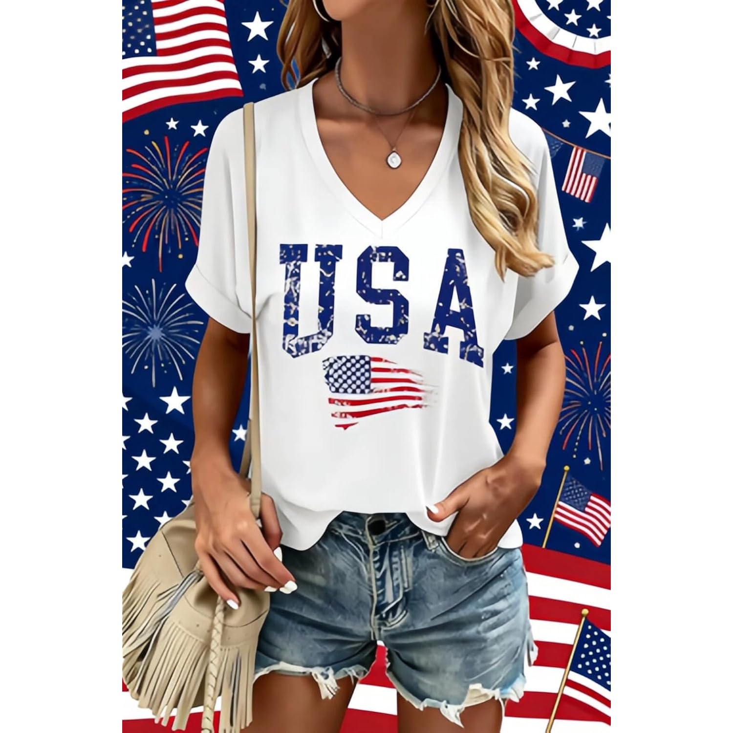 USA Flag V-Neck Shirt Women Star and Stripes Graphic Tops Red White and Blue Short Sleeve Tee Summer Patriotic T-Shirt