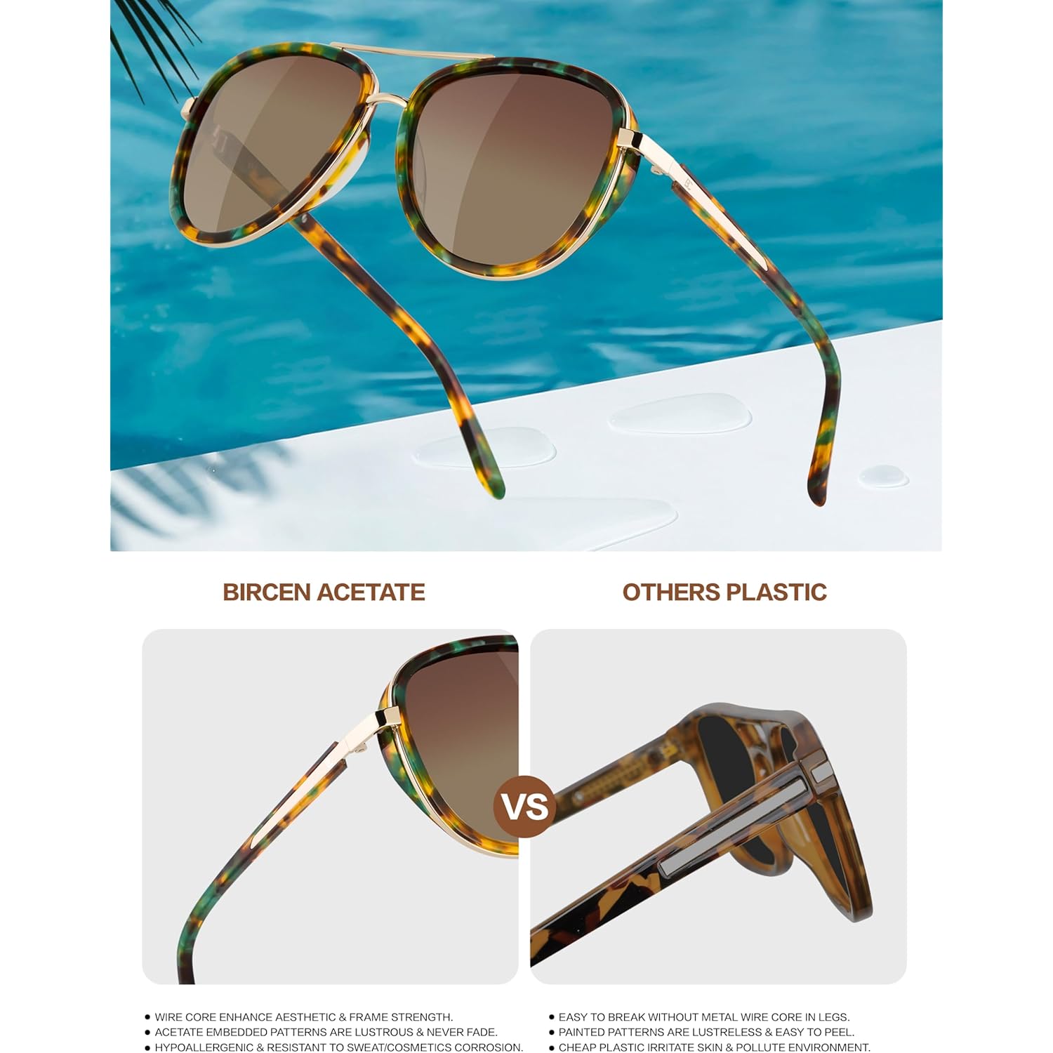 BIRCEN Polarized Sunglasses for Women UV - Protection Womens Retro Mirrored Shades with Acetate Frame BC2001