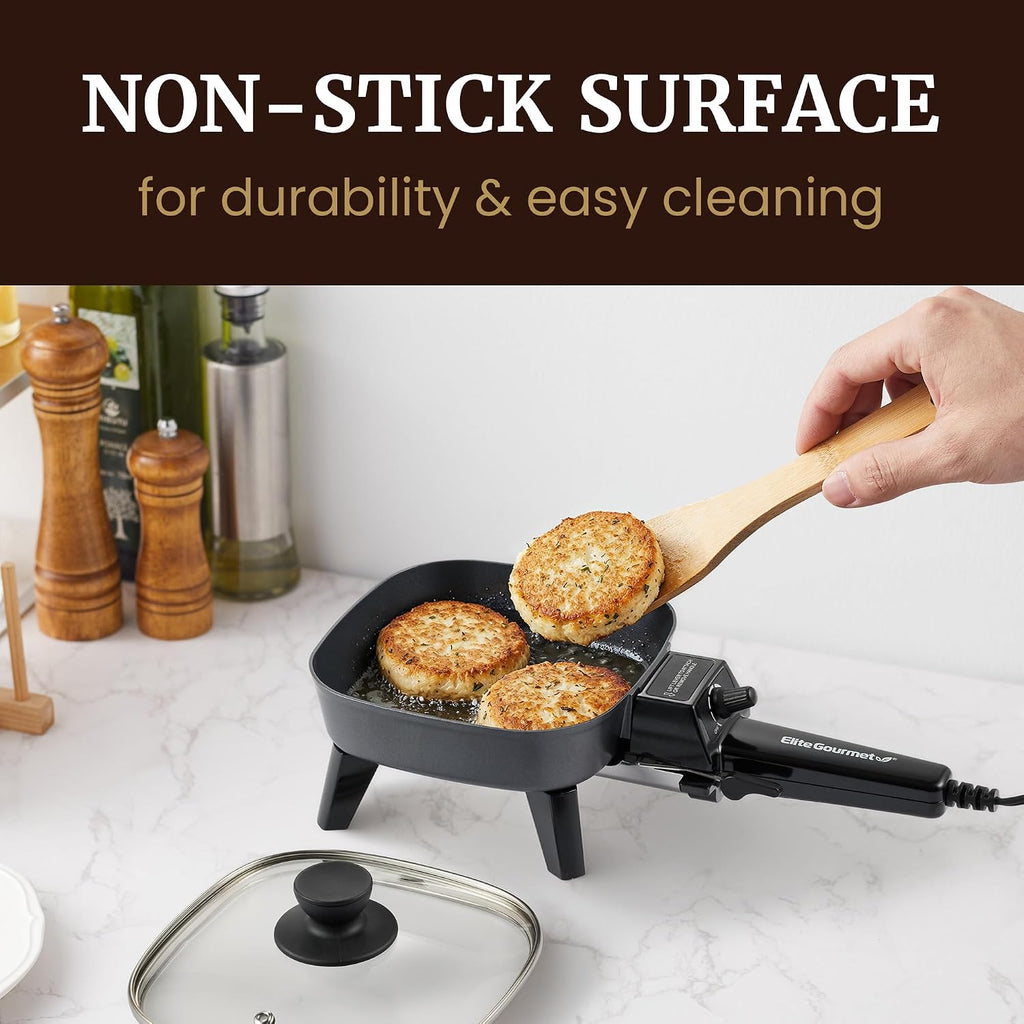 Elite Gourmet Efs059 Personal Electric Skillet, 7” Compact Portable Cooker, Adjustable Temperature, 600W Rapid Heating, Nonstick Surface, Tempered Glass Lid, Removable Handle, Black