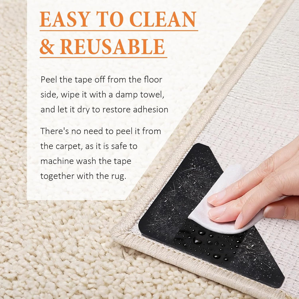 Songrey Rug Tape Rug Corner Grippers 8PCS, Reusable Double-Sided Carpet Tape to Hold Area Rugs Down, Non Slip Rug Pads Gripper for Hardwood Floors No Damage