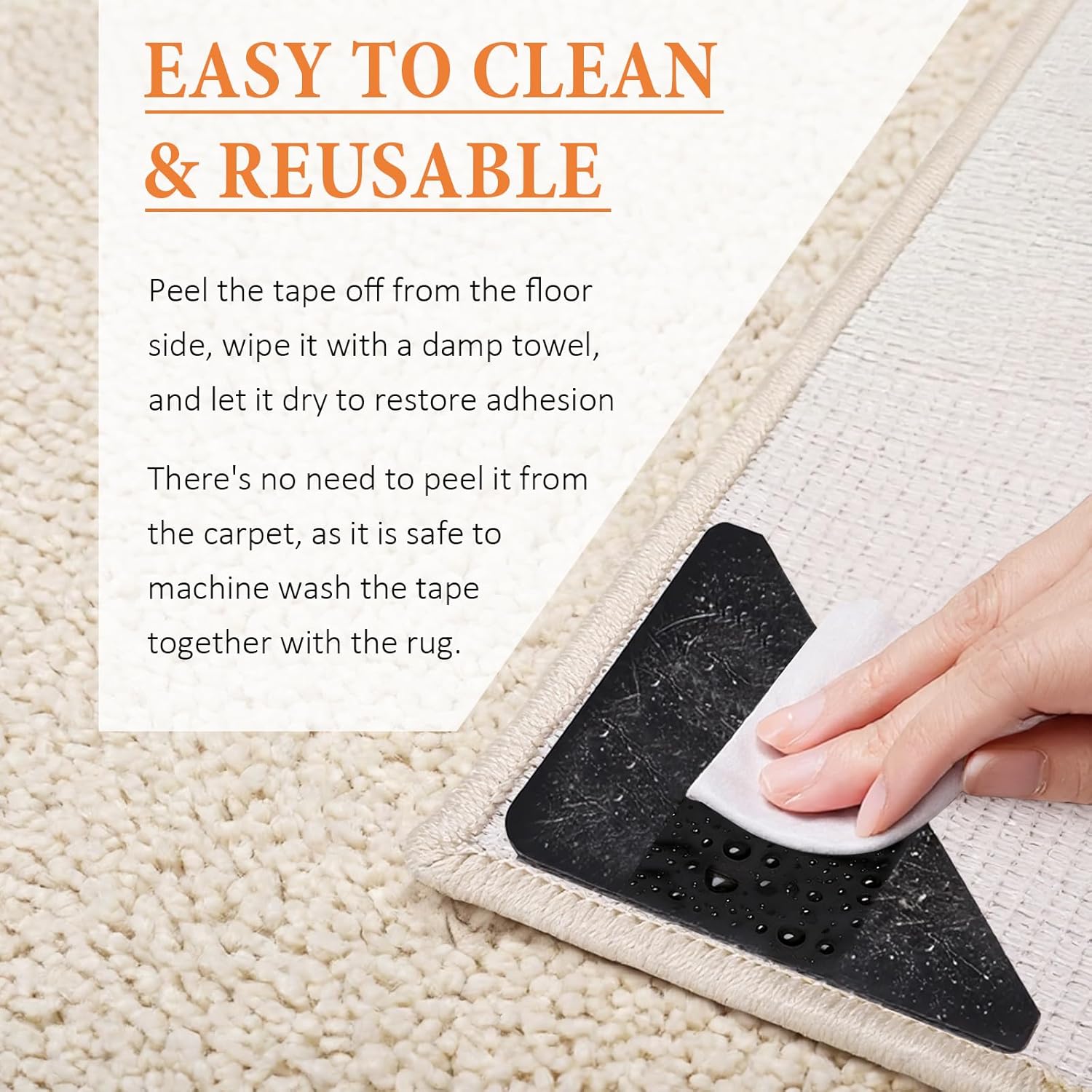 Songrey Rug Tape Rug Corner Grippers 8PCS, Reusable Double-Sided Carpet Tape to Hold Area Rugs Down, Non Slip Rug Pads Gripper for Hardwood Floors No Damage