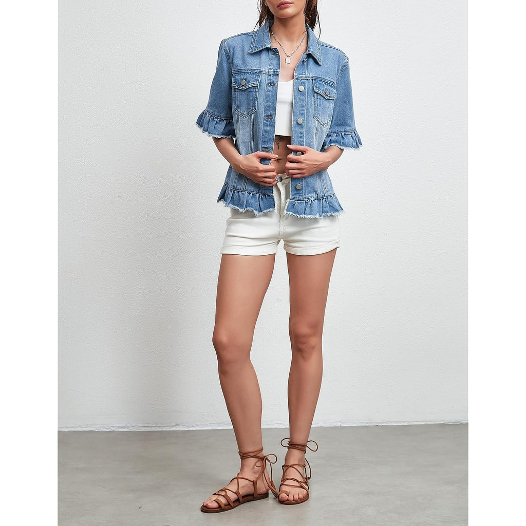 Short Sleeve Denim Jacket For Women Lightweight Blue Jean Jackets Ruffle Sleeve Denim Shirt Summer Top