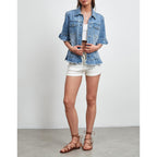 Short Sleeve Denim Jacket For Women Lightweight Blue Jean Jackets Ruffle Sleeve Denim Shirt Summer Top