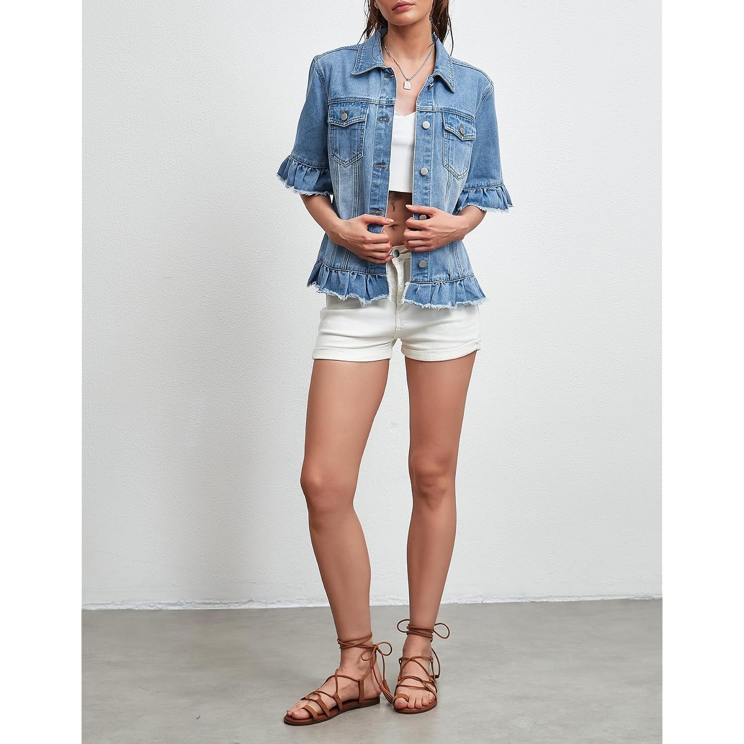 Short Sleeve Denim Jacket For Women Lightweight Blue Jean Jackets Ruffle Sleeve Denim Shirt Summer Top