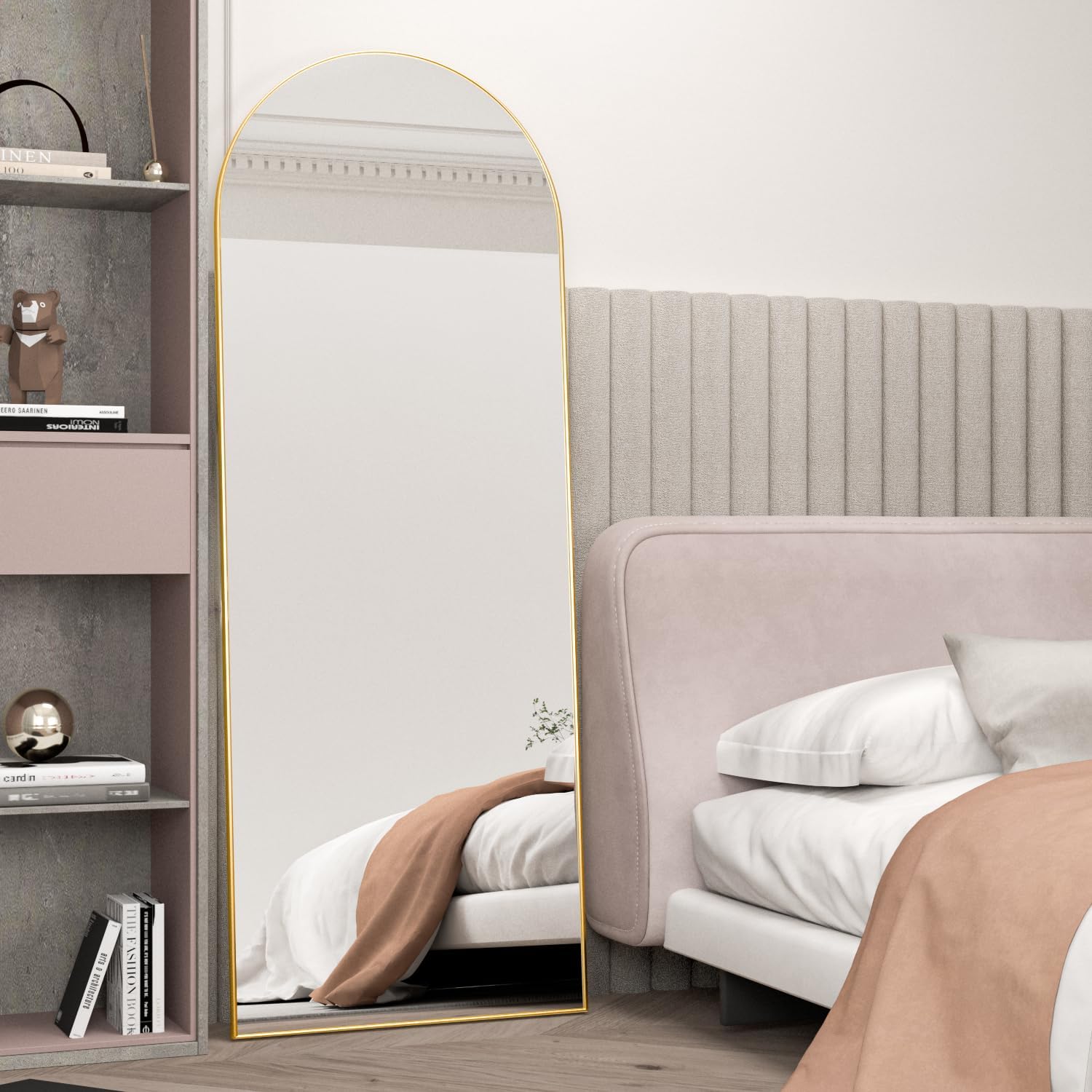 Full Length Mirror, 56"x16" Arch Floor Mirror with Stand, Gold Arched Full Body Standing or Leaning Mirror for Bedroom, Living Room