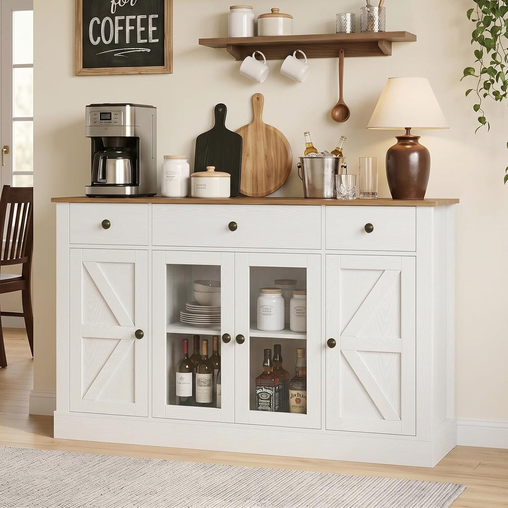 55" Large Buffet Cabinet With Storage, Coffee Bar Cabinet With 4 Doors And 3 Drawers, Kitchen Cabinet With Plexiglass Doors For Living Room, White