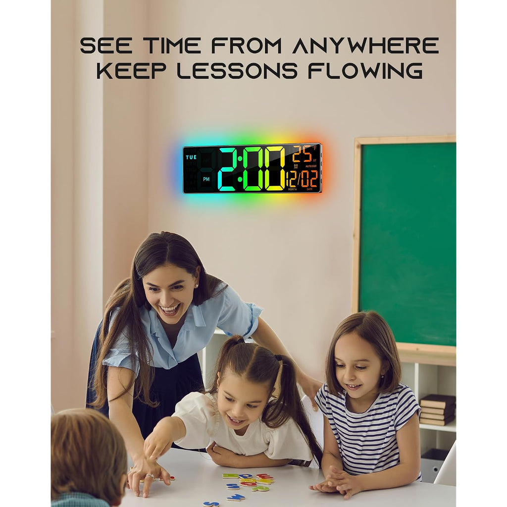 Easyera 16.5" Large Digital Wall Clock With Bt Sync, Rgb Lights With 11 Scenes Mode Remote Control, Dual Alarms With Big Led Display, Auto Dst, Temperature For Classroom Gaming
