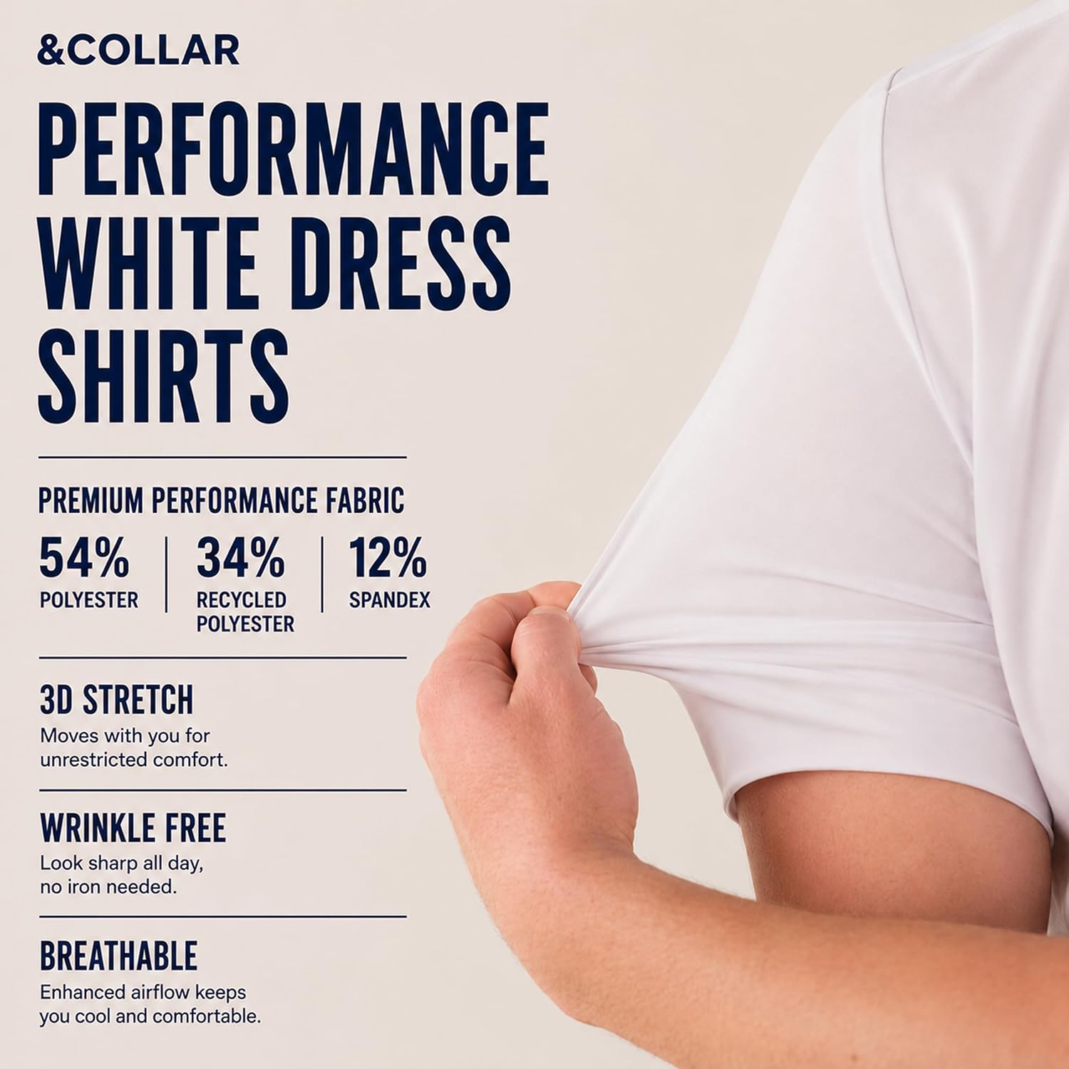 &Collar Mens Short Sleeve White Dress Shirt, 4-Way Stretch, Wrinkle Free
