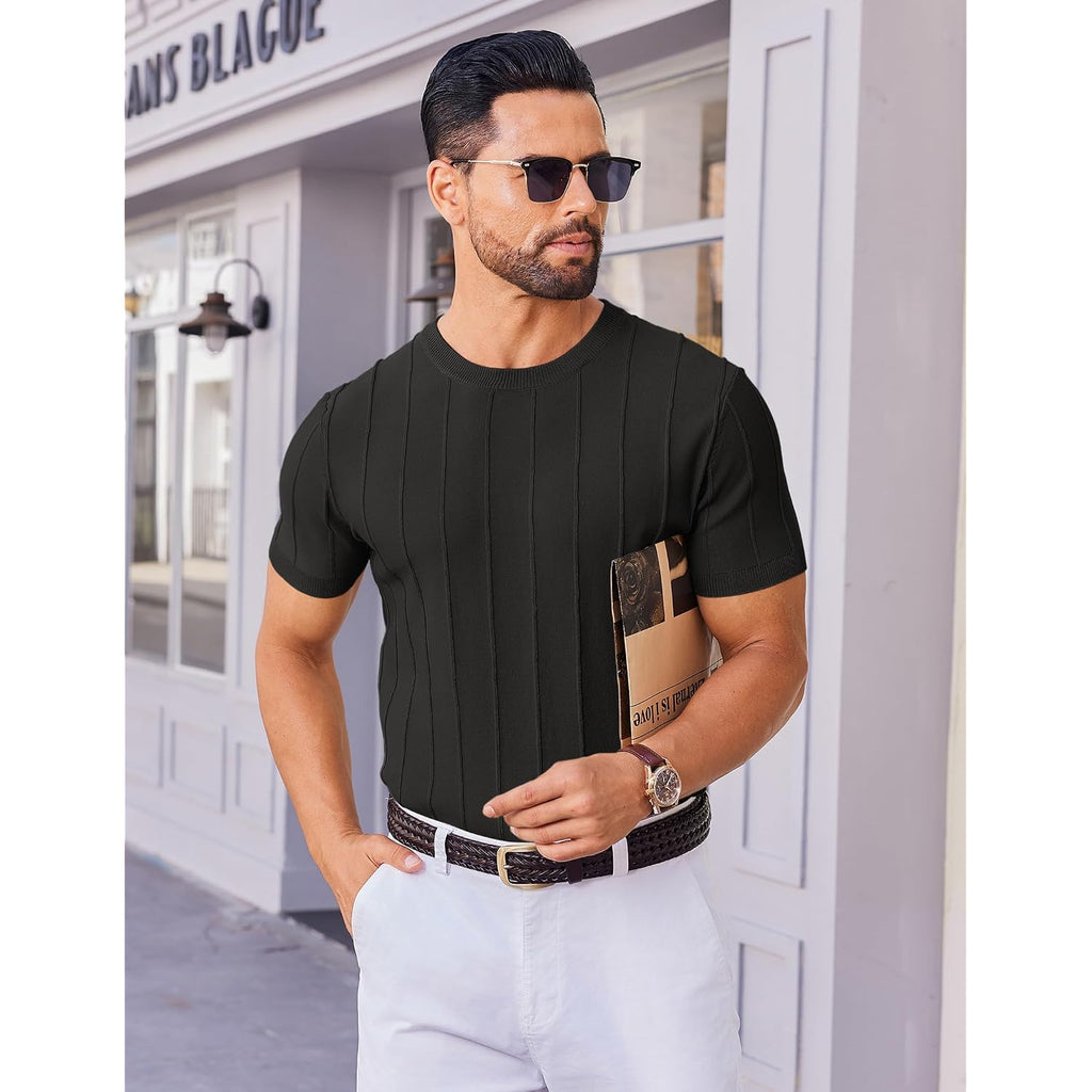Coofandy Men'S T- Shirts Short Sleeve Knit Sweater Shirt Casual Crewneck Ribbed Pullover Tees