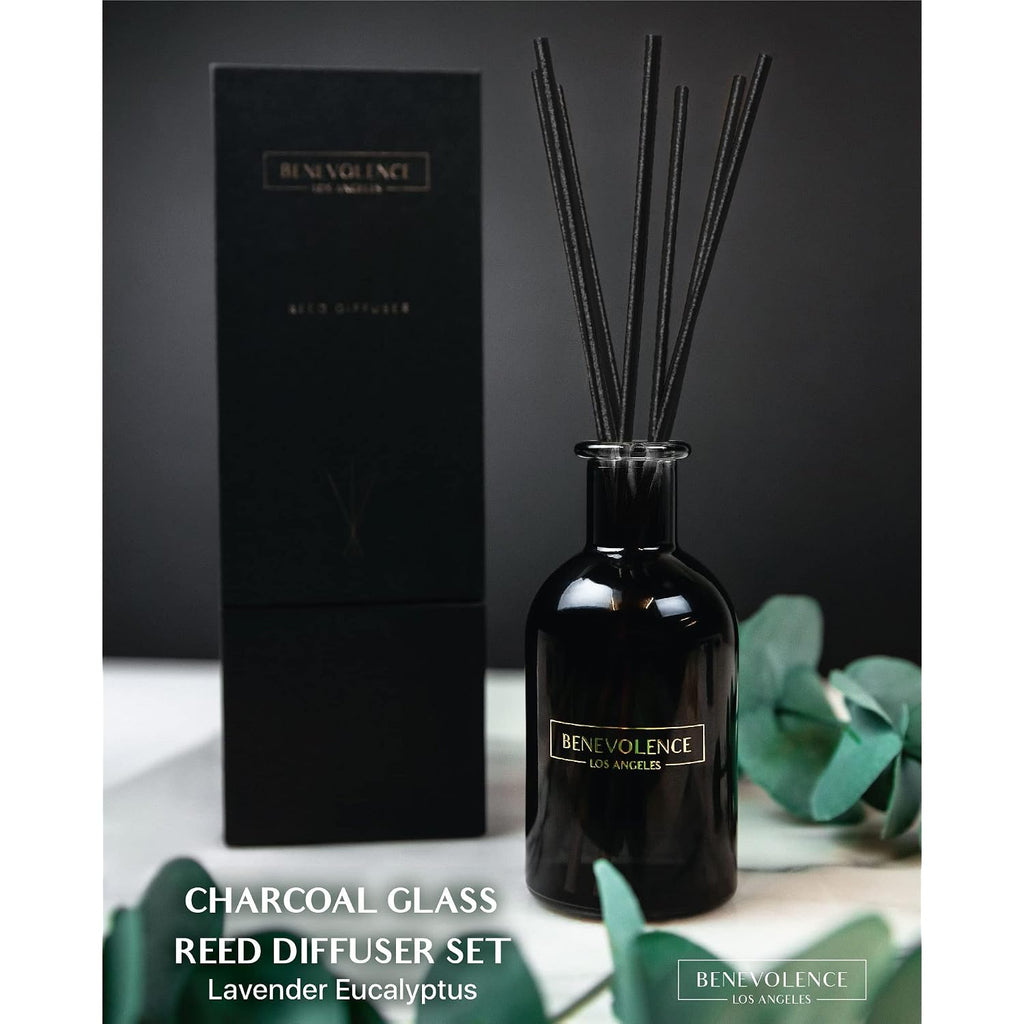 Benevolence La Premium Lavender & Eucalyptus Reed Diffuser Set – Essential Oil Diffuser For Home & Bathroom – Up To 120-Day Fragrance With Rattan Sticks & Gift Box – Charcoal Glass Room Décor