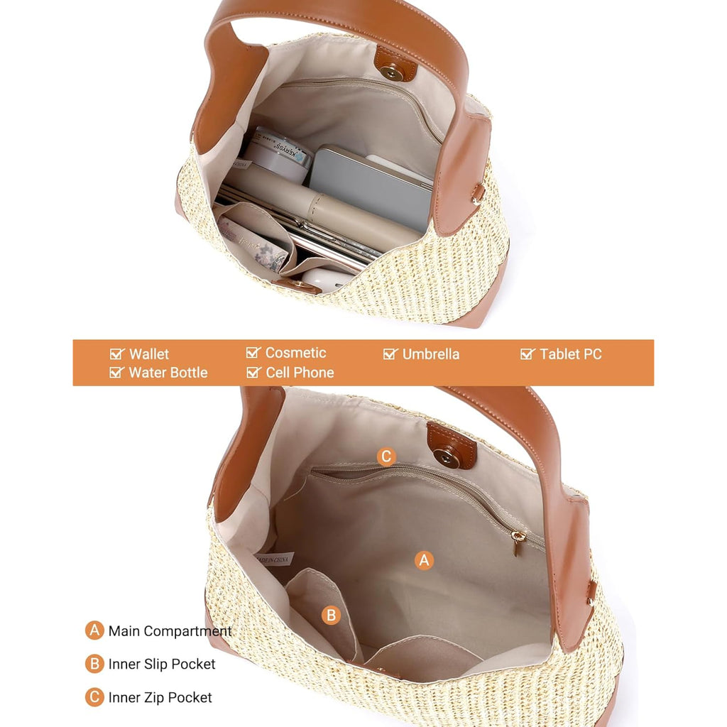 Herald Small Summer Straw Woven Hobo Shoulder Tote Bag For Women | Slouchy Vacation Beach Raffia Shoulder Handbag Tote Purse