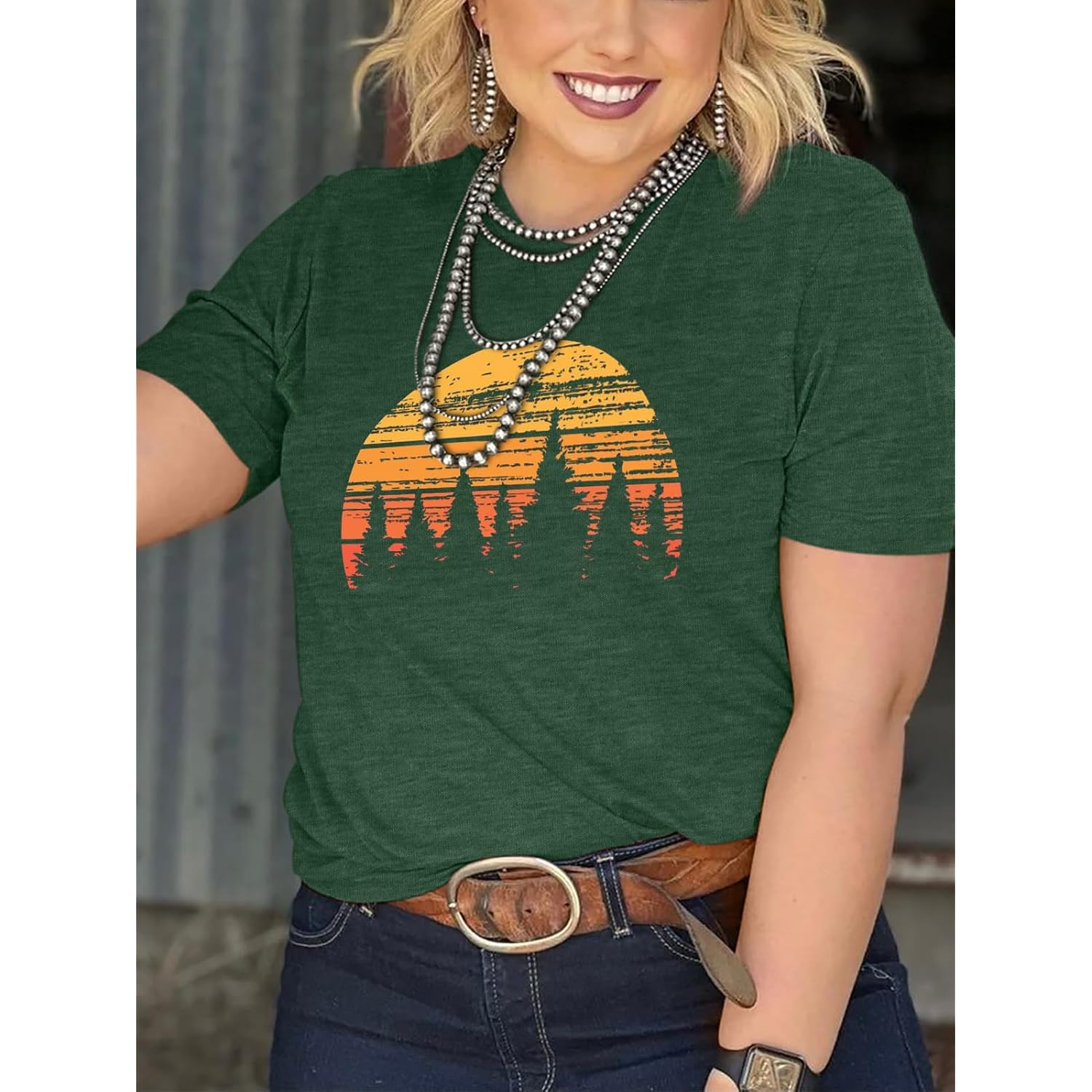 Plus Size Tops for Women Cute Vintage Graphic Tee Sunrise Camping Funny Print Casual Nature Travel Shirt Green4