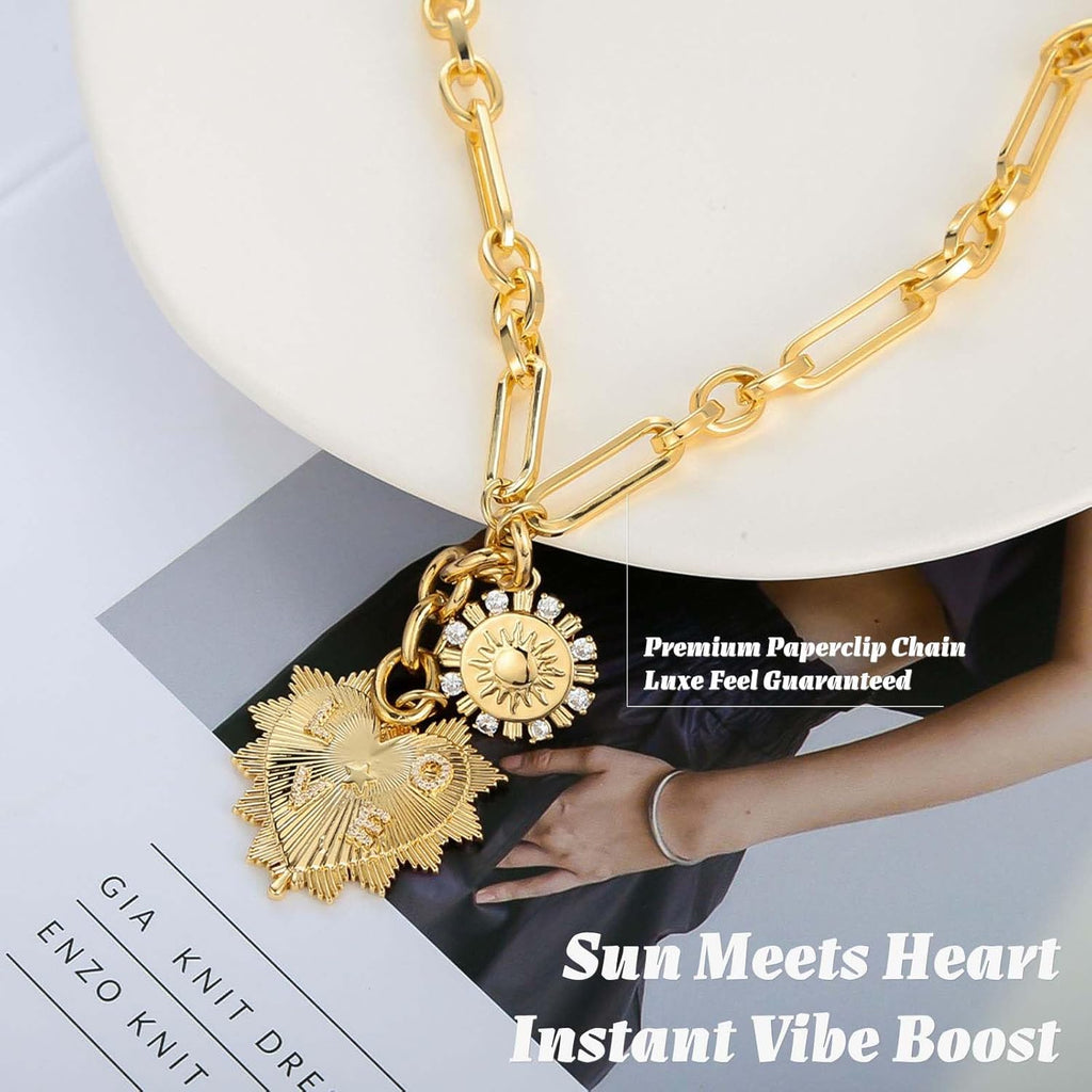 HETICA Chunky Gold-Plated Necklace for Women Heart Pendants Necklace Sun Flower Necklace Fashion Hip Hop Choker Gift