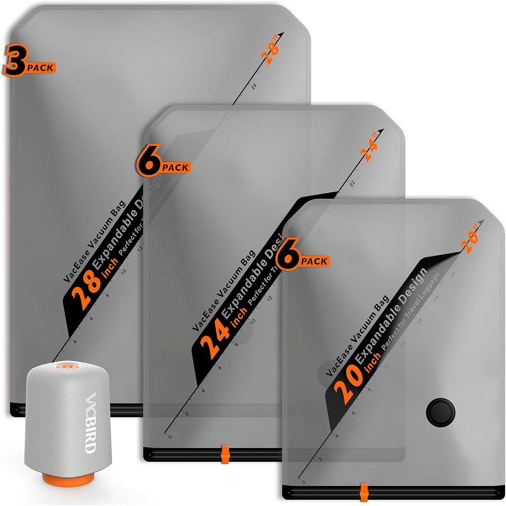 Vacbird Rechargeable Wireless Pump Travel Storage Bags Set - Portable Space Saver Bags For Travel & Home - Vacuum Compression Packing Seal For Clothes, Blankets, Seasonal Storage 15 Combo Set