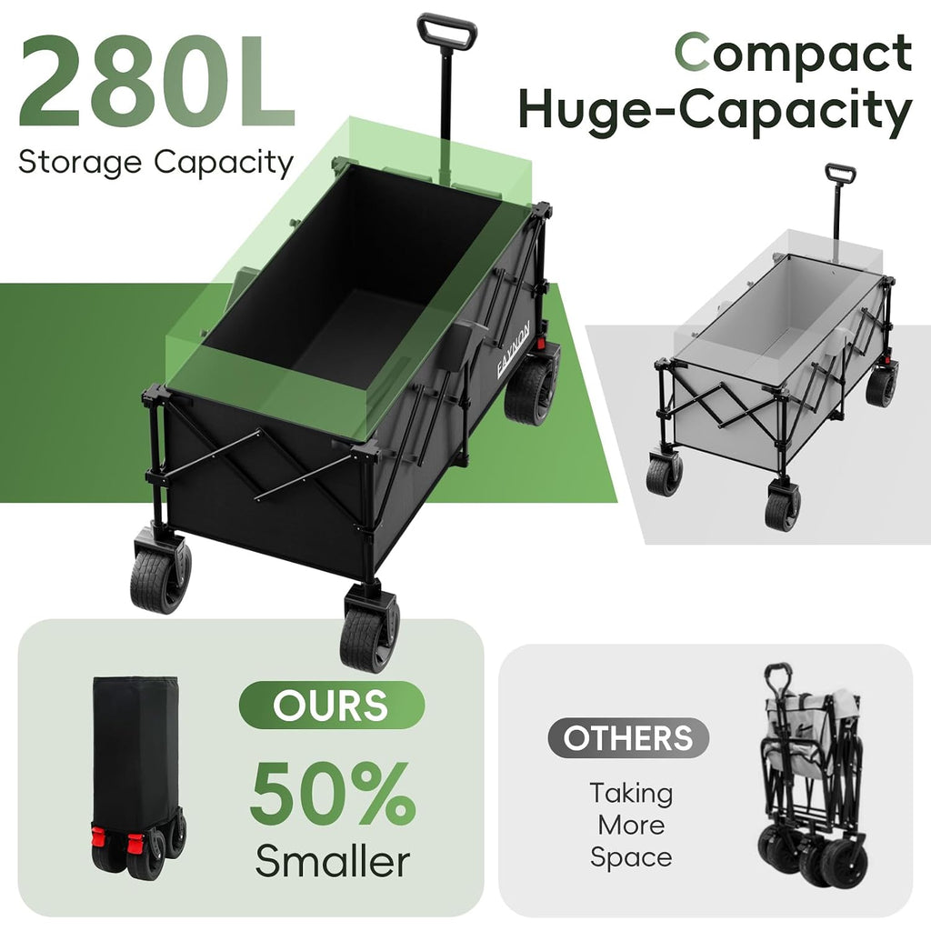 46" L Collapsible Foldable Extended Wagon, 500Lb Weight Capacity With 280L Heavy Duty Folding Cart,Utility Wagon With All-Terrain Beach Wheel & Drink Holders,Black