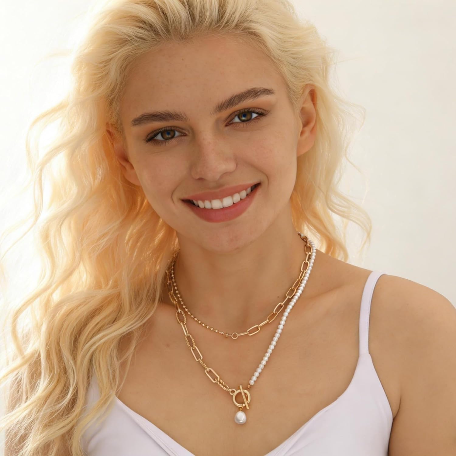 Gold Layered Pearl Chain Necklace for Women, 14K Gold Plated Pearl Link Toggle Clasp Necklace, Dainty Trendy Layered Choker Chunky Jewelry Fashion Gift for Women
