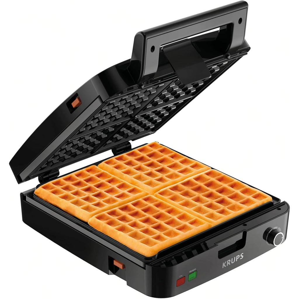 KRUPS 4-Slice Belgian Waffle Maker: Stainless Steel, 5 Browning Levels, Audible Ready Beep, Removable Plates, 1200W, Silver/Black, Large Waffle Maker Family Size, Great for Family Breakfasts