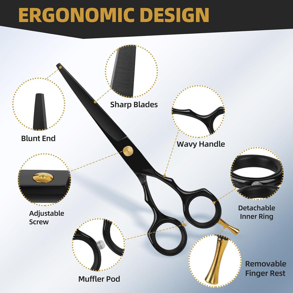 Hair Cutting Scissors Kit With Razor, Leather Case, Barber Hair Cutting Shears Thinning Blender Scissors For Professional Hairdresser Or Home Use (Black)